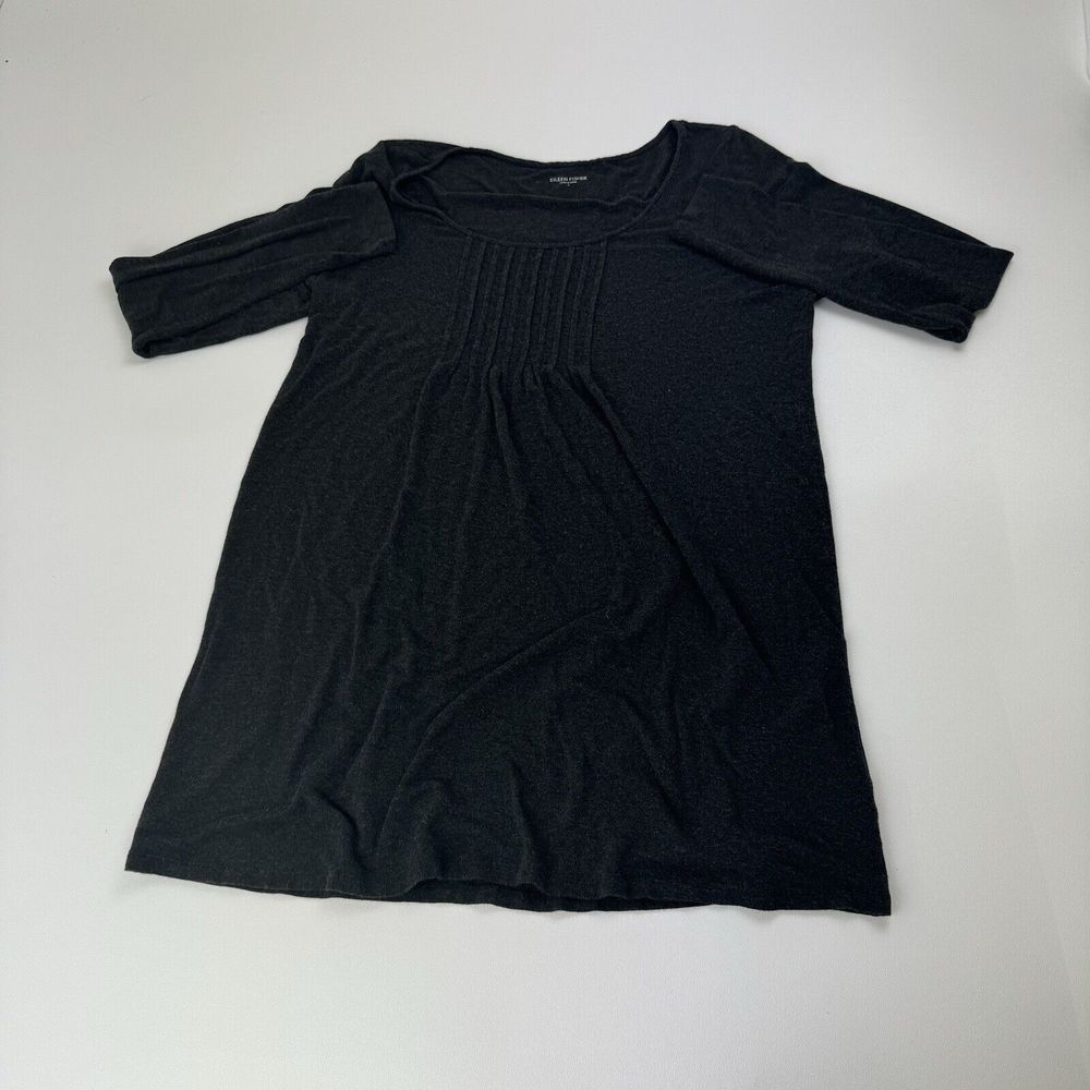 Eileen Fisher Top Womens Large Black Tunic Asymmetrical Hem Casual Stretch